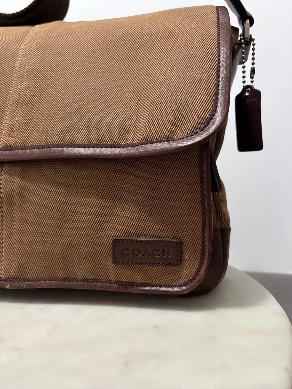 COACH Essex Canvas Crossbody Messenger Bag F70677 w/ Leather Trim Khaki Brown